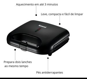 Sanduicheira amvox preta antiaderente