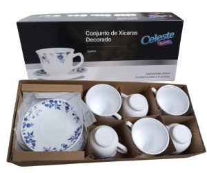 Conjunto 06 Xicaras com Pires Decorado Louça Opaline